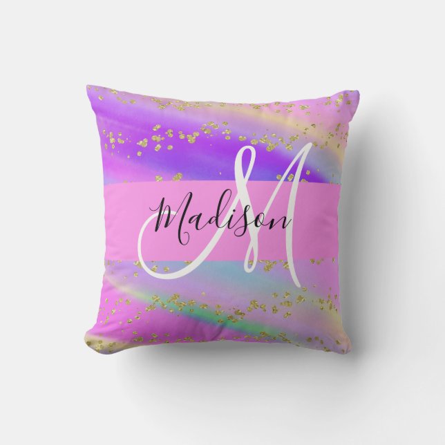 Färgglad Enhörning Regnbåge Guld Glitter Monogram Kudde (Framsida)