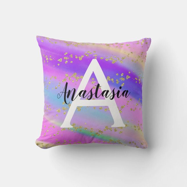 Färgglad Enhörning Regnbåge Guld Glitter Monogram Kudde (Framsida)