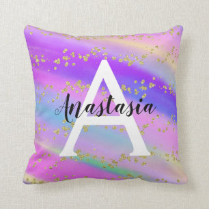 Färgglad Enhörning Regnbåge Guld Glitter Monogram Kudde