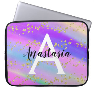Färgglad Enhörning Regnbåge Guld Glitter Monogram Laptop Fodral