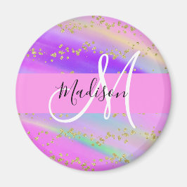 Färgglad Enhörning Regnbåge Guld Glitter Monogram Magnet