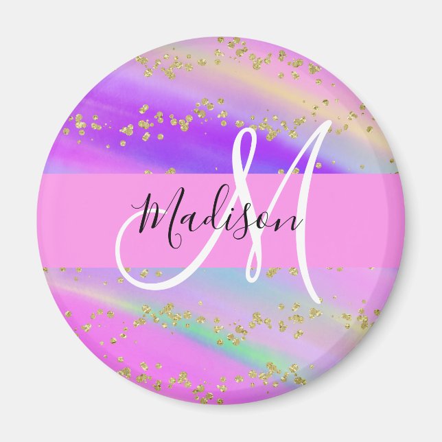 Färgglad Enhörning Regnbåge Guld Glitter Monogram Magnet (Framsidan)