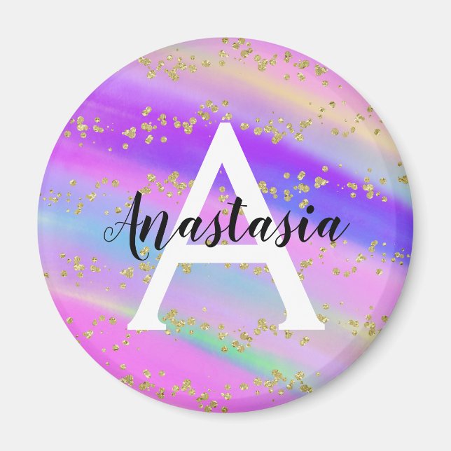 Färgglad Enhörning Regnbåge Guld Glitter Monogram Magnet (Framsidan)