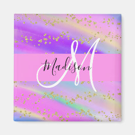 Färgglad Enhörning Regnbåge Guld Glitter Monogram Magnet