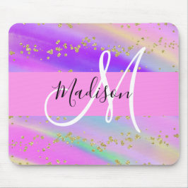 Färgglad Enhörning Regnbåge Guld Glitter Monogram Musmatta