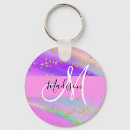 Färgglad Enhörning Regnbåge Guld Glitter Monogram Nyckelring