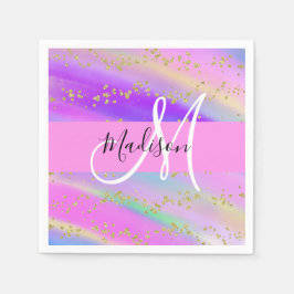Färgglad Enhörning Regnbåge Guld Glitter Monogram Pappersservett