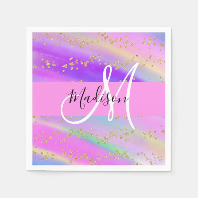 Färgglad Enhörning Regnbåge Guld Glitter Monogram Pappersservett (Framsidan)
