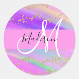Färgglad Enhörning Regnbåge Guld Glitter Monogram Runt Klistermärke