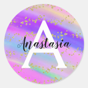 Färgglad Enhörning Regnbåge Guld Glitter Monogram Runt Klistermärke
