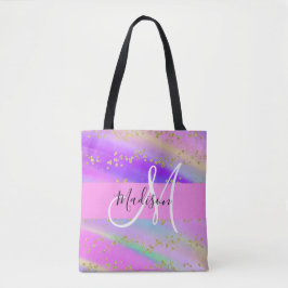 Färgglad Enhörning Regnbåge Guld Glitter Monogram Tygkasse