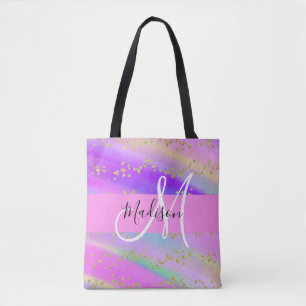 Färgglad Enhörning Regnbåge Guld Glitter Monogram Tygkasse