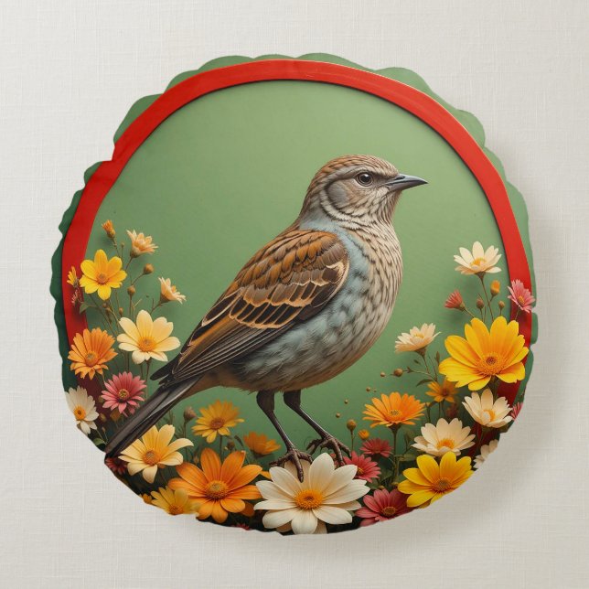 Färgglad Fågel Bland Blommande Blommor Present Dek Rund Kudde (Framsidan)