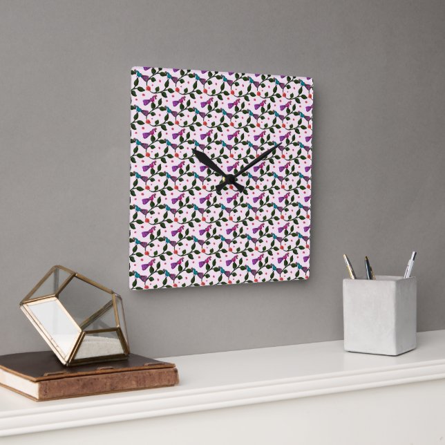 Färgglad Fågel Blommig Sömlös Mönster Gobeläng Fyrkantig Klocka (Kontor)