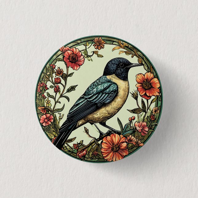 Färgglad fågel i en blomsterdesign knapp (Framsida)