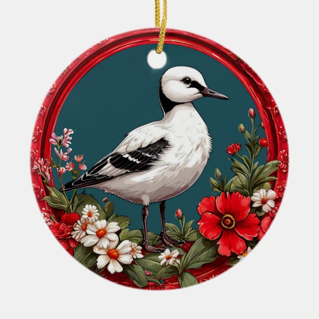 Färgglad fågel med blomsterkant julgransprydnad keramik (Framsidan)