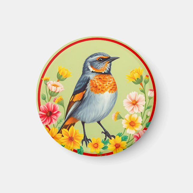 Färgglad Fågel Mitt I Blommande Blommor Magnet (Framsidan)