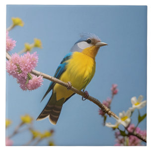 Färgglad Fågel på Blommande Gren Kakelplatta