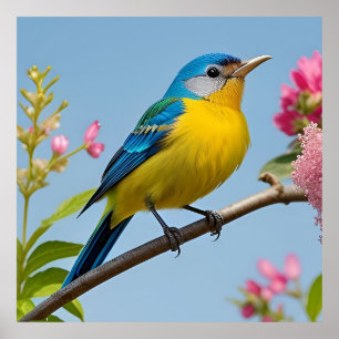 Färgglad Fågel på Blommande Gren Poster