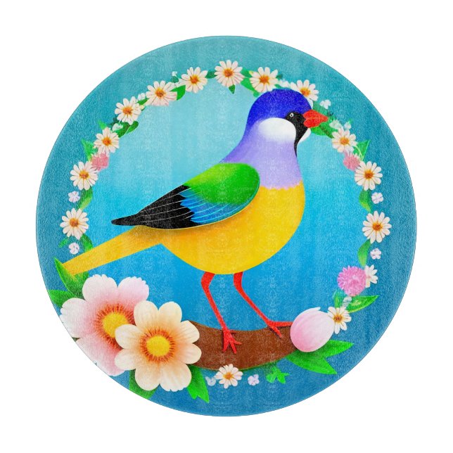 Färgglad fågel på gren inramad med blommor (Framsidan)