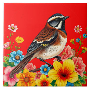 Färgglad Fågel Sittande Bland Blommor Kakelplatta