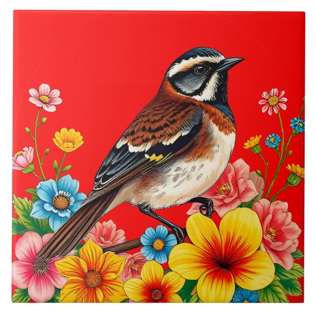Färgglad Fågel Sittande Bland Blommor Kakelplatta (Framsidan)