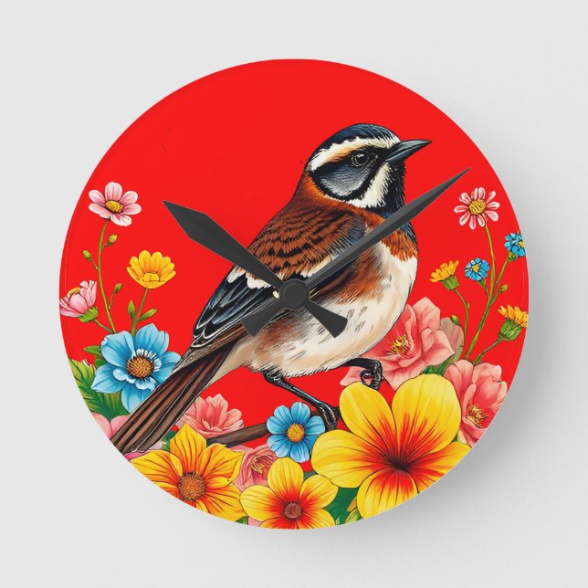 Färgglad Fågel Sittande Bland Blommor Rund Klocka (Framsida)
