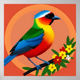 Färgglad Fågel Sittande Bland Livfulla Blommor Poster