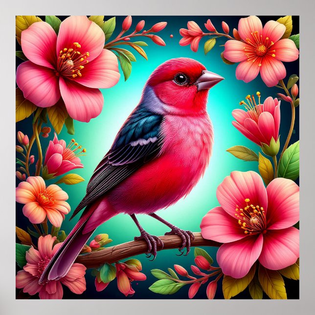 Färgglad Fågel Sittande på Gren Natur Konst Poster (Framsidan)