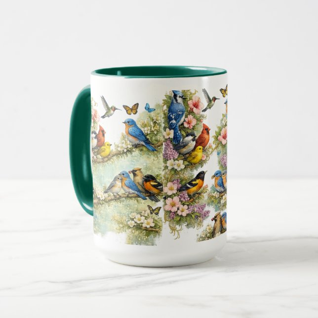 Färgglad Fågelträdgård Blommig Konst Kombinationsk Mugg (Framsida vänster)