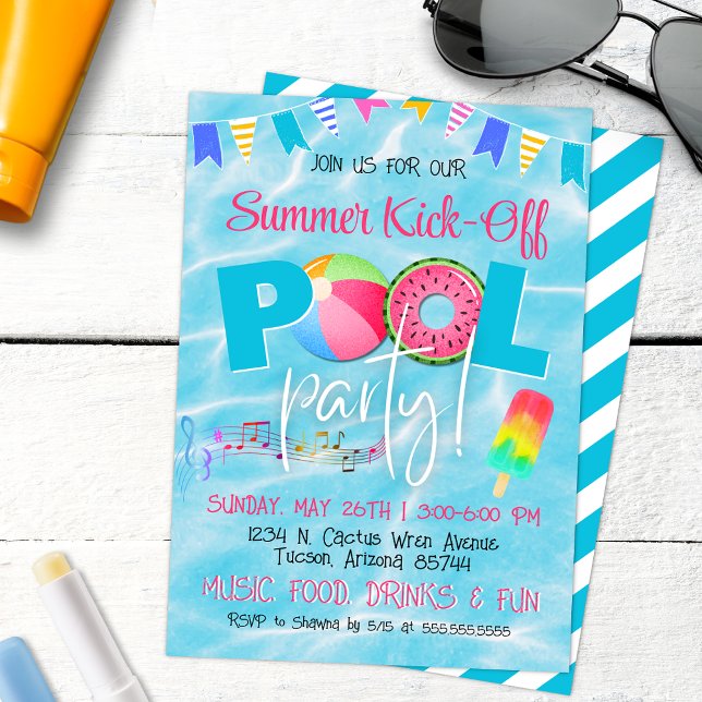 Färgglad familjevänlig sommarbassängfest inbjudningar (Summer Pool Party Invitation with Modern script and colorful popsicles for tropical invites)