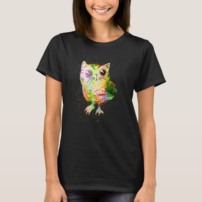 Färgglad färgsprut Surrealistisk Katt Uggla T Shirt (Framsida)