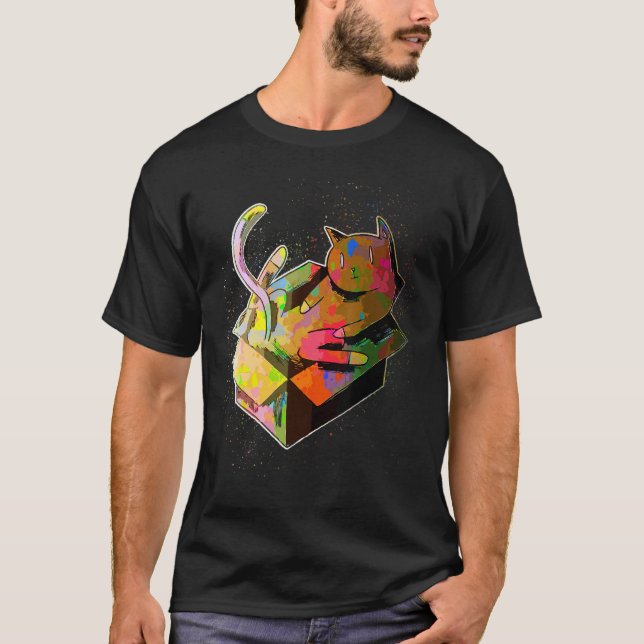 Färgglad färgsprutad kartonglåda lekande katt t shirt (Framsida)