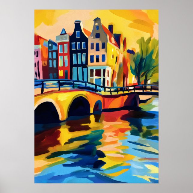 Färgglad Fauvistisk Amsterdam Kanal Väggkonst (Framsidan)