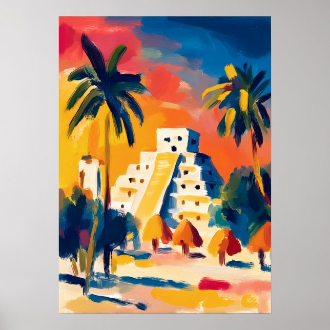 Färgglad Fauvistisk Chichen Itza Pyramid Konst Poster (Framsidan)