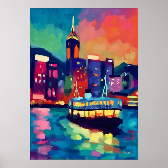 Färgglad Fauvistisk Hong Kong Skyline Väggkonst (Framsidan)