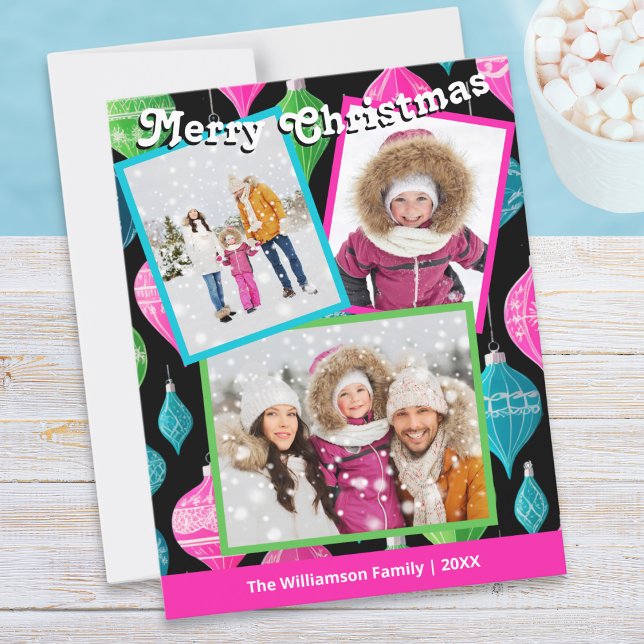 Färgglad Festlig 3 Fotosammanställning Julkort (A bright holiday card, personalized with 3 photos, name and year, with Merry Christmas greeting)