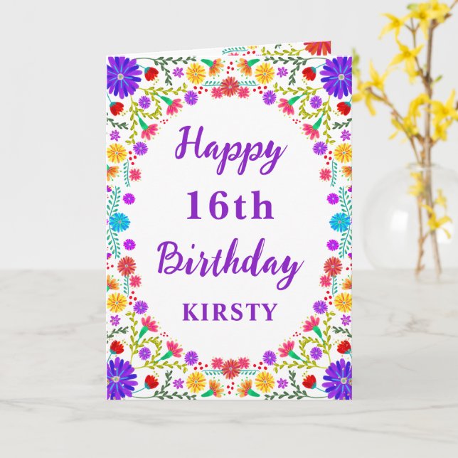 Färgglad Fiesta Mexikansk Blommig Ram 16-årsdag Kort (Gul blomma)