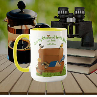 Färgglad firande av fåglar böcker och kaffe mugg