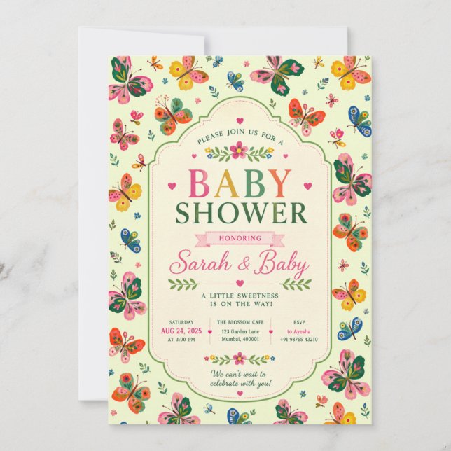 Färgglad fjäril baby shower inbjudan (Framsida)