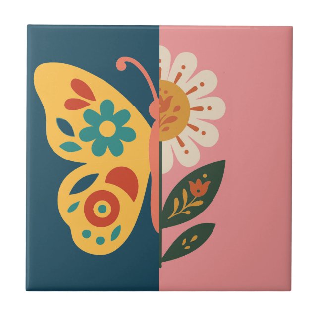 Färgglad fjäril och blommig design kakelplatta (Framsidan)