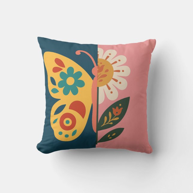Färgglad fjäril och blommig design kudde (Framsida)