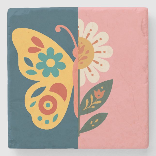 Färgglad fjäril och blommig design stenunderlägg (Framsidan)
