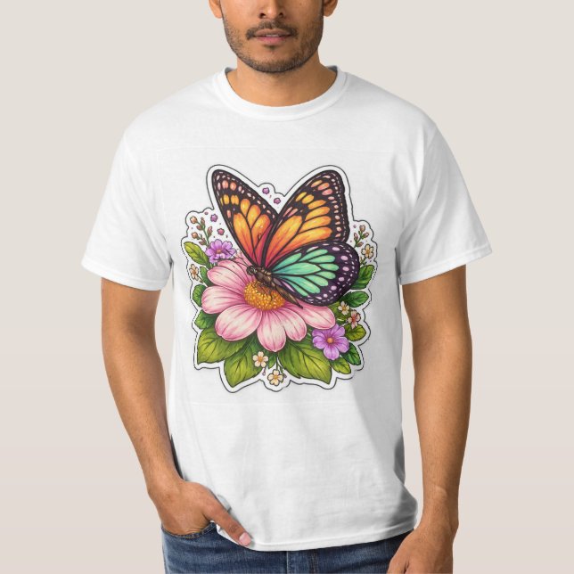 Färgglad fjäril på blomma Bildrik natur T Shirt (Framsida)
