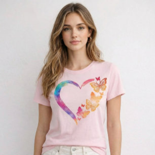 Färgglad Fjärils Hjärtan Dam T-Shirt, Slank Passfo T Shirt