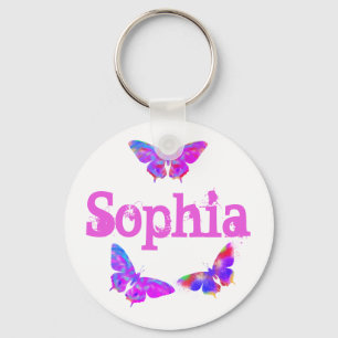 Färgglad fjärilskonst Rosa Sophia Lägg till namn Nyckelring