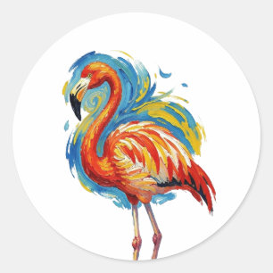 Färgglad Flamingo Abstrakt Penseldrag Fågelkonst Runt Klistermärke