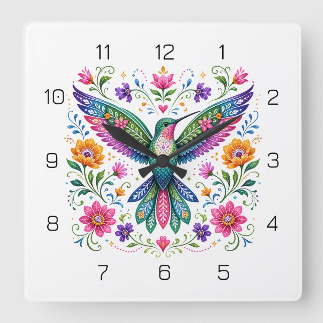 Färgglad Flok Art Kolibri Fyrkantig Klocka (Framsida)