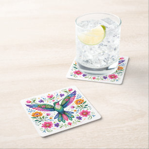 Färgglad Flok Art Kolibri Underlägg Papper Kvadrat