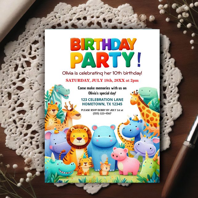 Färgglad Födelsedagsinbjudan till Djur på Zoo-fest Vykort (Skapare uppladdad)